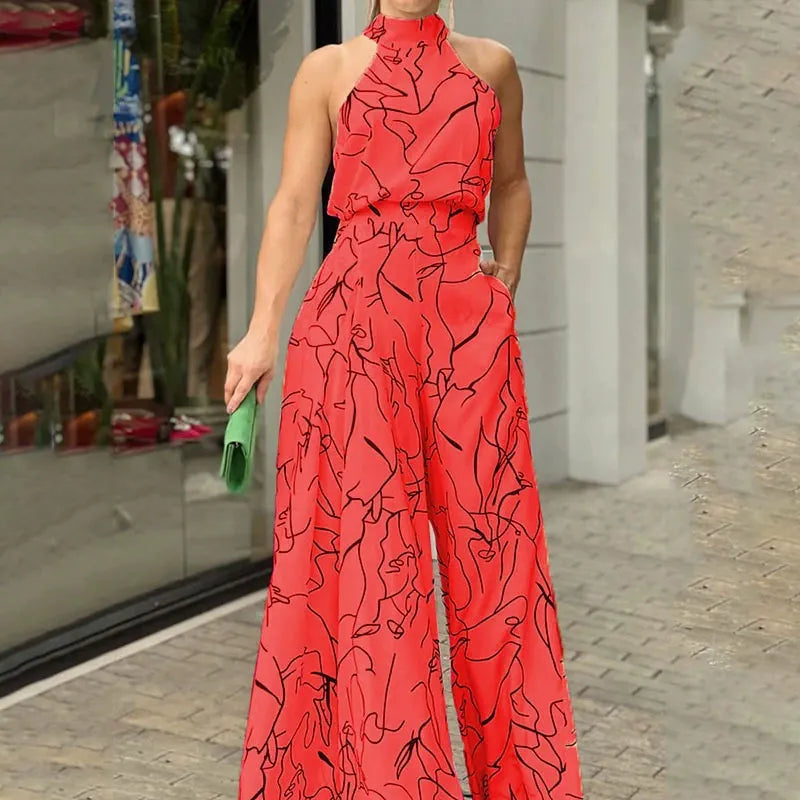 Dam Jumpsuit – Halterneck – Abstrakt Mönster – Vid Ben – Avslappnad Passform