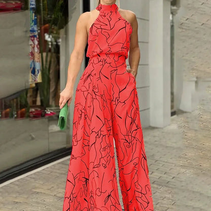 Dam Jumpsuit – Halterneck – Abstrakt Mönster – Vid Ben – Avslappnad Passform