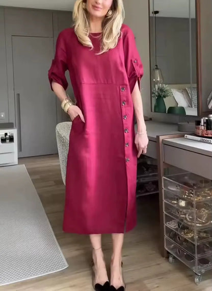 Damklänning midi – Linne bomull – Avslappnad passform – Korta ärmar – Knappdetalj