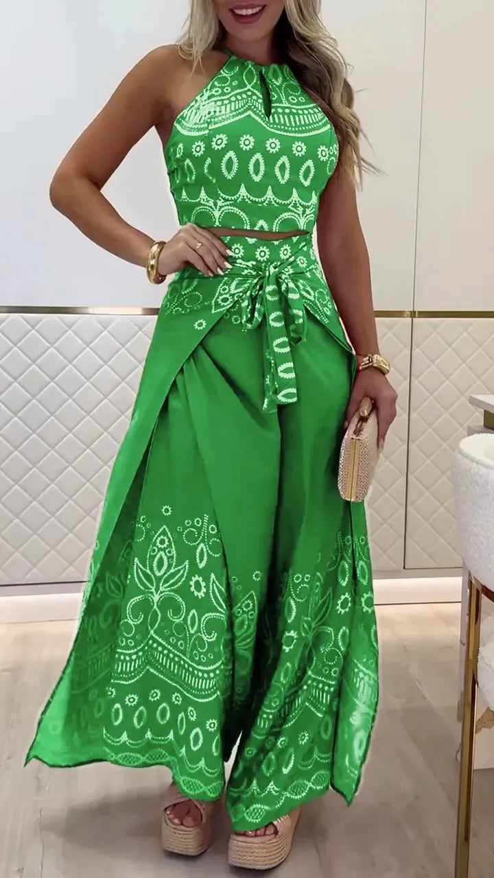 Damset med haltertop och vida byxor – Bomull – Retrotryck – Knytskärp – Kort topp