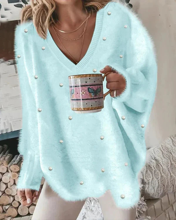 Damtröja med V-Ringning – Oversize Passform – Mjuk Textur – Pärldetaljer