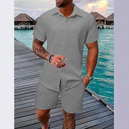 Herr Set med Kortärmad Skjorta och Shorts – Jacquard – Avslappnad Passform