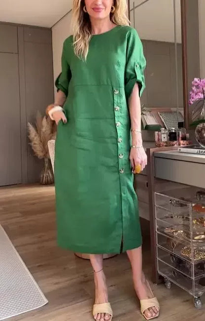 Damklänning midi – Linne bomull – Avslappnad passform – Korta ärmar – Knappdetalj