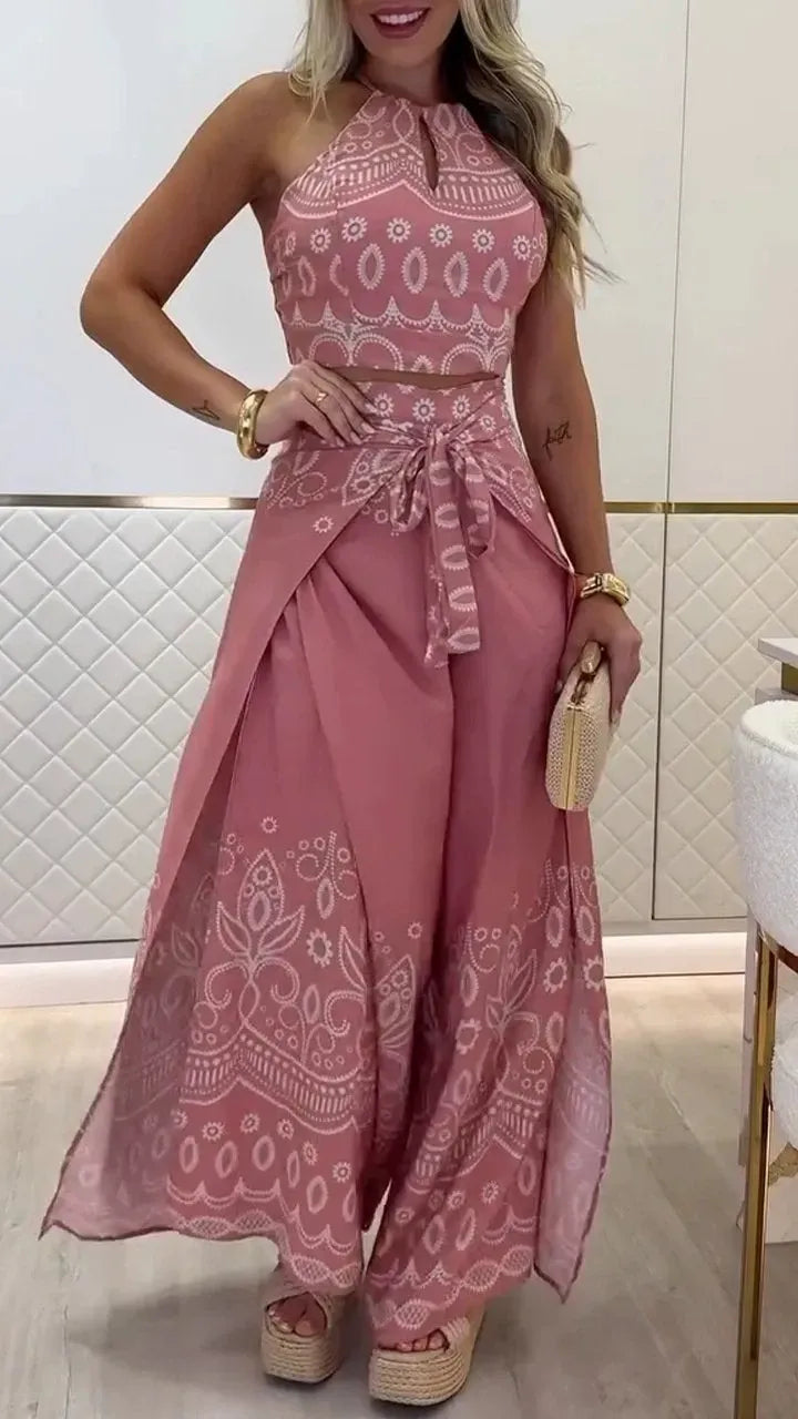 Damset med haltertop och vida byxor – Bomull – Retrotryck – Knytskärp – Kort topp