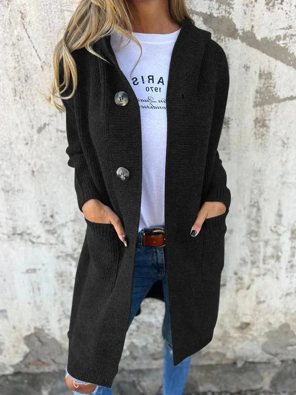 Damkofta lång – Avslappnad passform – Ullstickad – Knälång – Knappstängning – Fickor