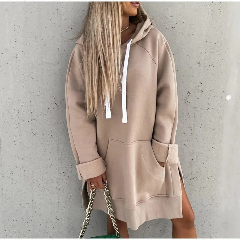 Dam Hoodieklänning – Oversize Passform – Bomullsblandning – Känguruficka – Sidslits