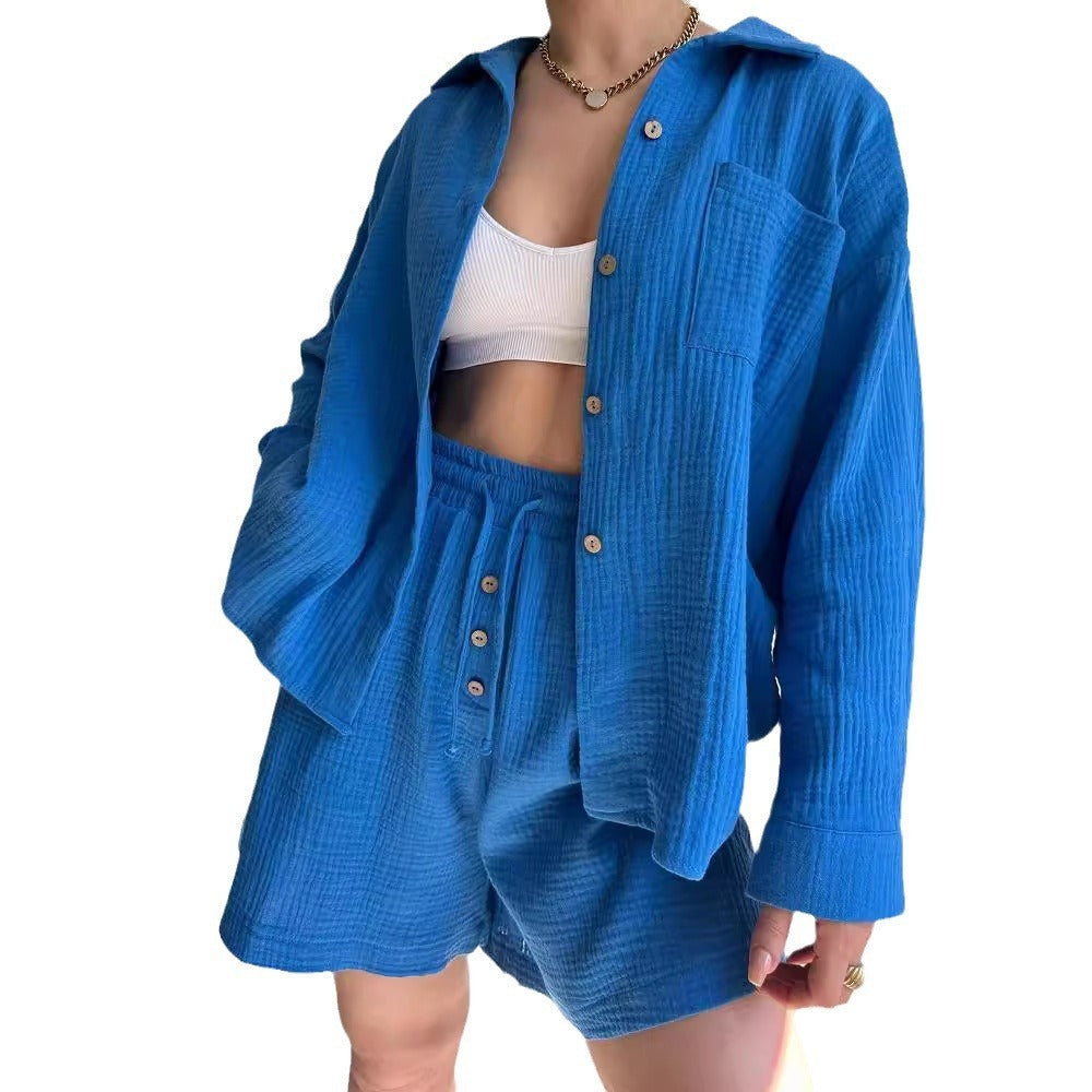 Damset med skjorta och shorts – Oversize passform – Knäppning – Dragsko – Bomull