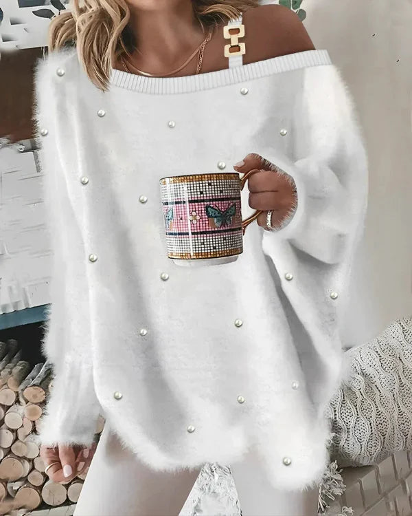 Damtröja med V-Ringning – Oversize Passform – Mjuk Textur – Pärldetaljer