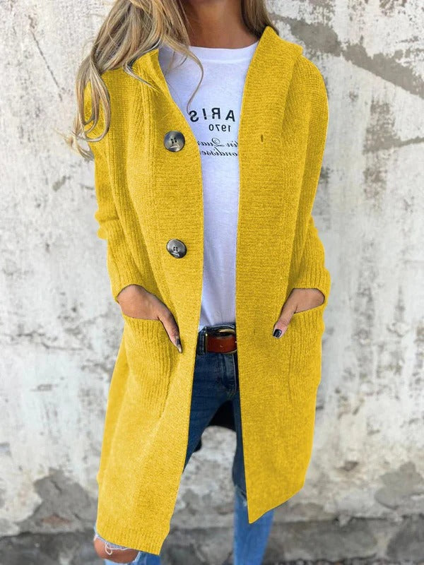 Damkofta lång – Avslappnad passform – Ullstickad – Knälång – Knappstängning – Fickor