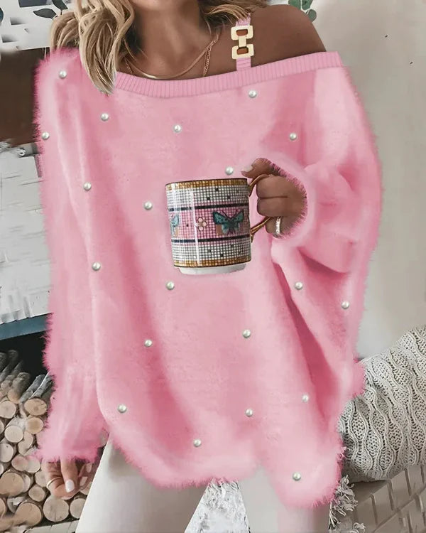 Damtröja med V-Ringning – Oversize Passform – Mjuk Textur – Pärldetaljer