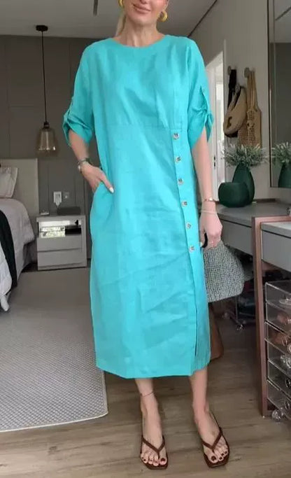 Damklänning midi – Linne bomull – Avslappnad passform – Korta ärmar – Knappdetalj