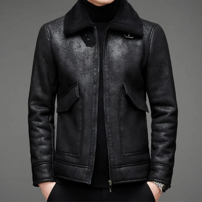 Herrjacka i Läder – Regular Fit – Shearlingkrage – Dragkedja – Vintage-Look