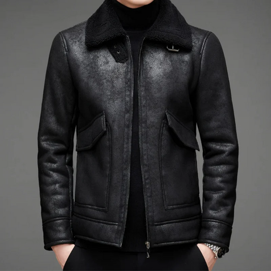 Herrjacka i Läder – Regular Fit – Shearlingkrage – Dragkedja – Vintage-Look