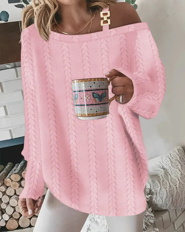 Damtröja med V-Ringning – Oversize Passform – Mjuk Textur – Pärldetaljer