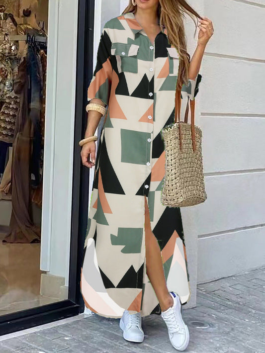 Damklänning maxi – avslappnad passform – bomullskänsla – knappfront – geometriskt mönster