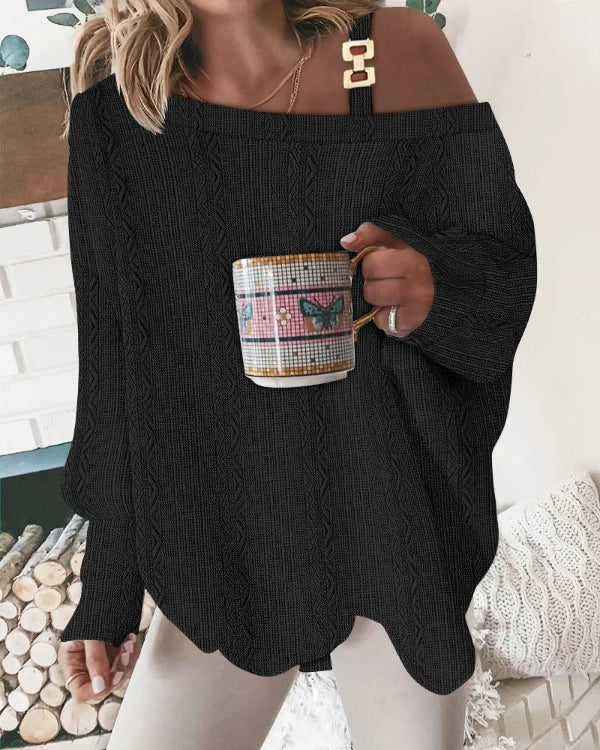 Damtröja med V-Ringning – Oversize Passform – Mjuk Textur – Pärldetaljer