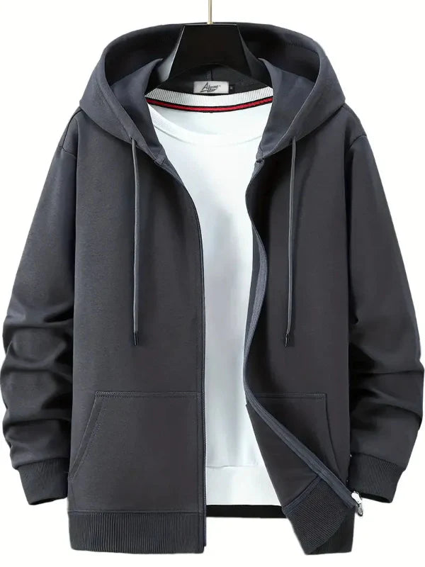 Herrhoodie med Dragkedja – Avslappnad Passform – Bomullsblandning – Justerbar Huva – Fickor Fram