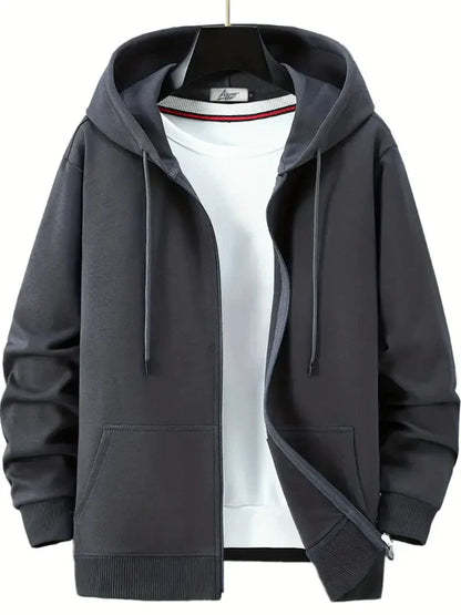 Herrhoodie med Dragkedja – Avslappnad Passform – Bomullsblandning – Justerbar Huva – Fickor Fram