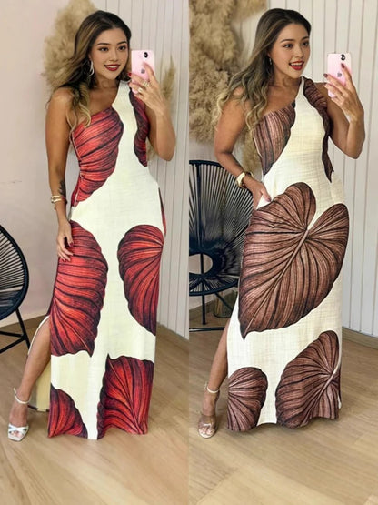 Damklänning maxi – Slim Fit – Bladmönster – Hög hals – Ärmös – Sidslits