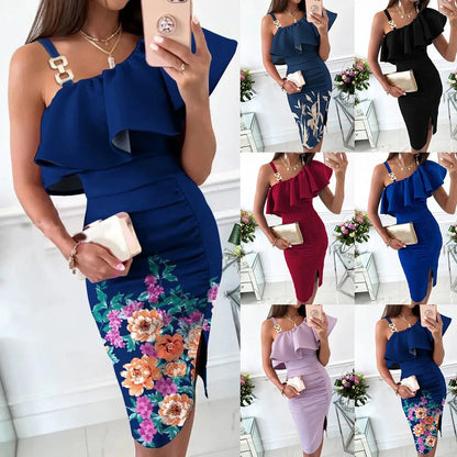 Damklänning – Slim Fit – Satinkänsla – Volangdetalj – Slits – Markerade Axelband