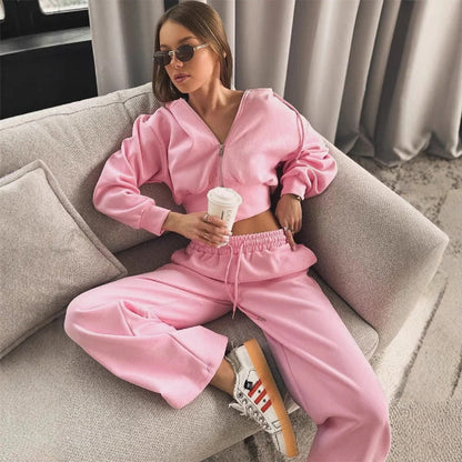Dam Lounge Set – Hoodie med Dragkedja – Vida Byxor – Mjuk Bomullsblandning