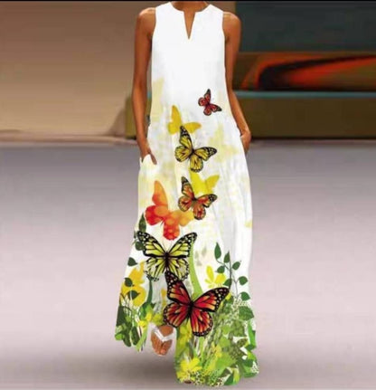 Damklänning maxi – Avslappnad passform – V-ringning – Fickor – Bomullsliknande tyg