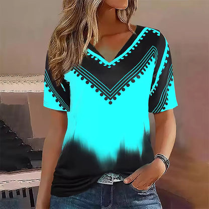 Dam T-shirt – Oversize Passform – V-ringning – Kort Ärm – Randigt Gradientmönster