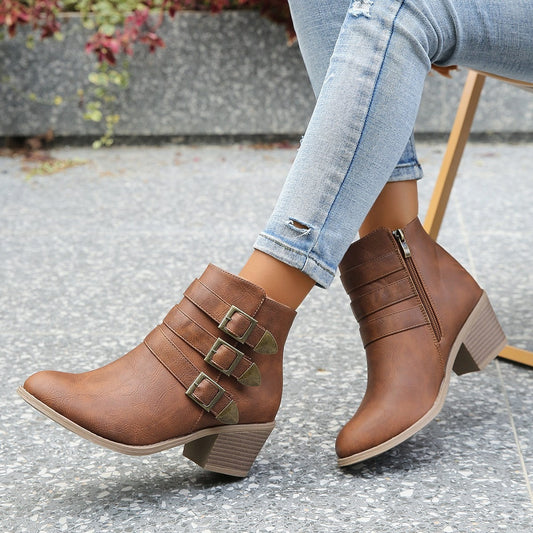 Dam Ankelboots – Skinnimitation – Blockklack – Spänndetalj Vintage Stil