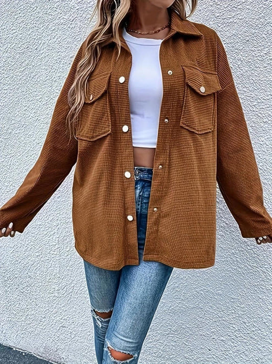 Dam Skjortjacka – Oversized Passform – Corduroy – Bröstfickor – Knäppning Fram