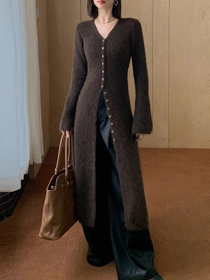 Damklänning Stickad – Slim Fit – V-ringning – Knappar – Långärmad Midi