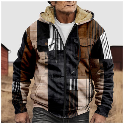 Herr Jacka – Regular Fit – Sherpafoder – Hel Dragkedja – Geometriskt Mönster – Huva