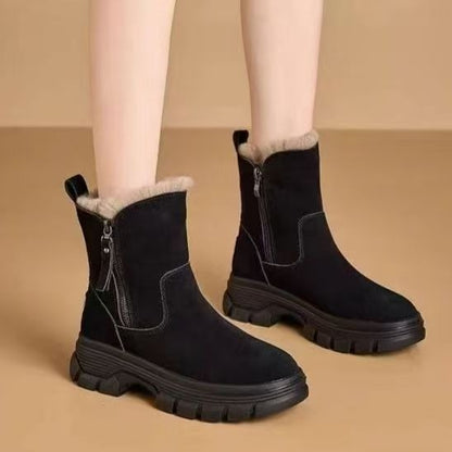 Damstövlar – Suedeyta – Fuskpälsfodrade – Mitten på vaden – Dragkedja – Räfflad sula