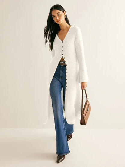 Damklänning Stickad – Slim Fit – V-ringning – Knappar – Långärmad Midi