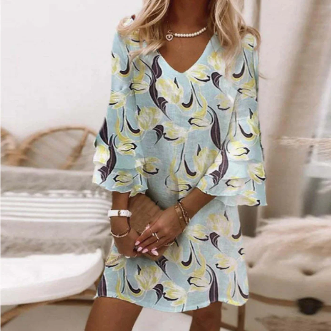 Damklänning – Miniklänning i avslappnad passform – V-ringning – 3/4-ärm – Andningsbart tyg