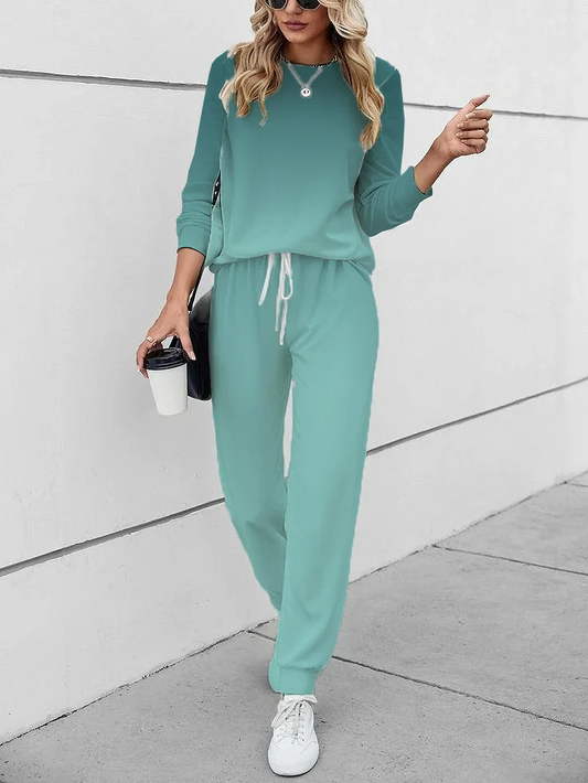 Damset med Långärmad Topp och Byxa – Mjuk Stickad – Avslappnad Passform – Justerbar Midja