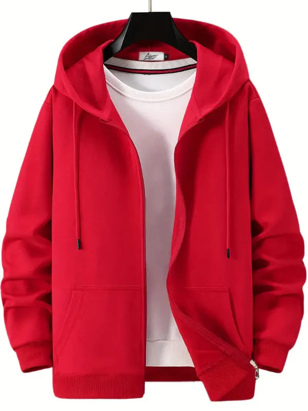 Herrhoodie med Dragkedja – Avslappnad Passform – Bomullsblandning – Justerbar Huva – Fickor Fram