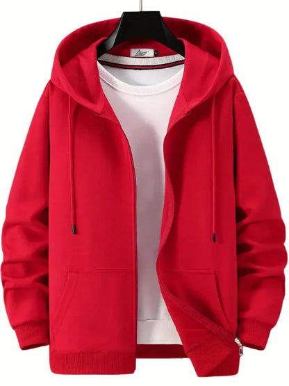 Herrhoodie med Dragkedja – Avslappnad Passform – Bomullsblandning – Justerbar Huva – Fickor Fram