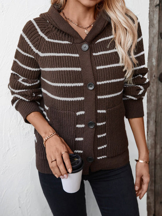 Damkofta med huva – Stickad – Avslappnad passform – Knäppning fram – Randig