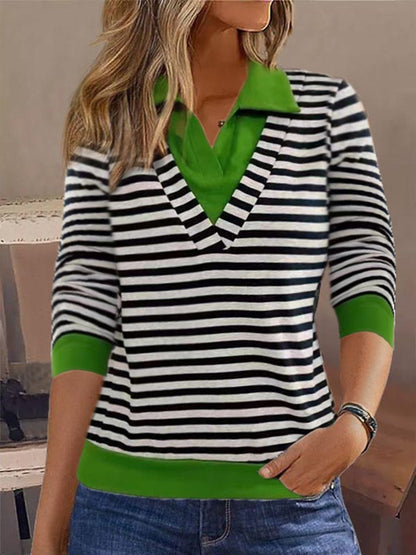 Dam Sweatshirt – Avslappnad Passform – Bomullskänsla – Randig – Fejkad Krage i Lager-Look