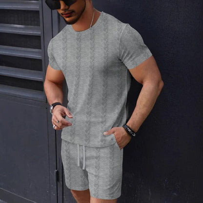 Herr Set T-shirt och Shorts – Texturstickad – Regular Fit – Rund Hals – Dragsko Midja