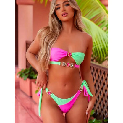 Dam Bikini Set – Strapless Halterneck – Hög Midja – Rynkade Detaljer – Kristallprydd