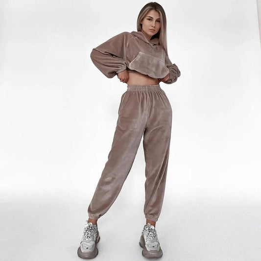 Dam Loungewear Set – Velour – Croppad Hoodie – Vida Byxor – Avslappnad Passform