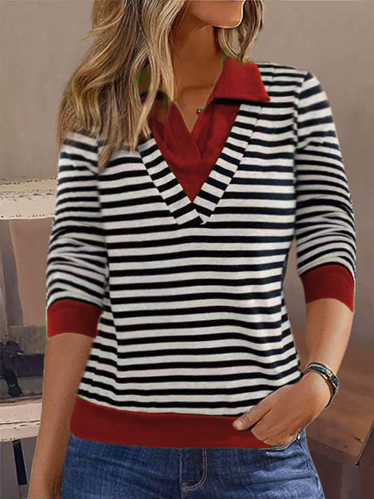Dam Sweatshirt – Avslappnad Passform – Bomullskänsla – Randig – Fejkad Krage i Lager-Look
