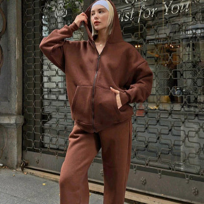 Dam Hoodie-set – Oversize Passform – Mjuk Bomull – Dragkedja och Huva – Loungekläder