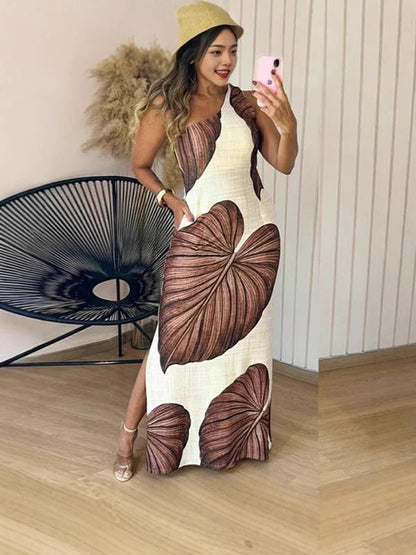 Damklänning maxi – Slim Fit – Bladmönster – Hög hals – Ärmös – Sidslits