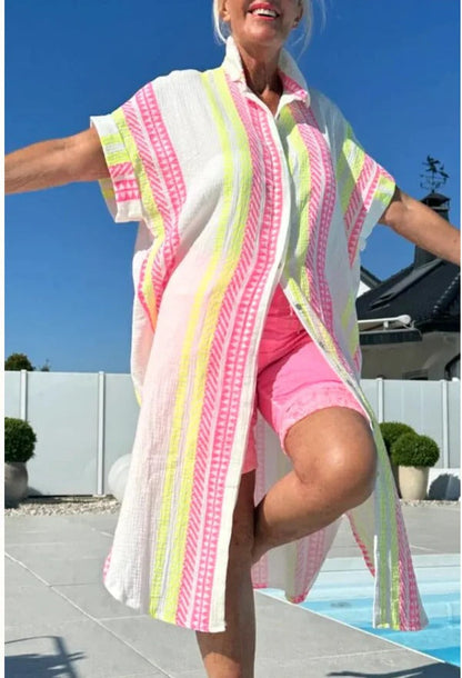 Damklänning midi – Avslappnad passform – Knäppning fram – Linneblandning – Kort ärm