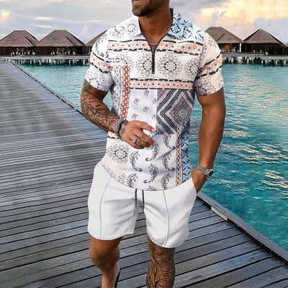 Herrset – Slim fit pikétröja med dragkedja – Digitalt mönster – Knälånga shorts