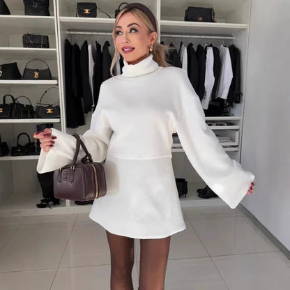 Damset med Topp och Kjol – Hög Krage – Oversize Topp – A-linjeformad Kjol – Bomull