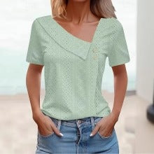 Damtop – Figursydd Passform – Andningsbart Brodyrtyg – Asymmetrisk Halsringning – Dekorativa Knappar