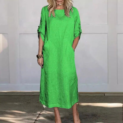 Damklänning maxi – Avslappnad passform – Linnekänsla – Uppvikbara ärmar – Fickor